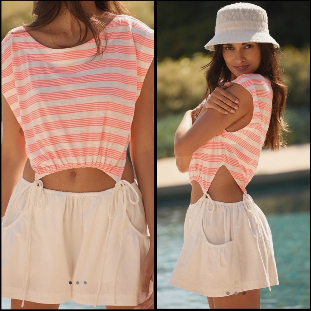 Anthropologie Cutout Summer Romper with Neon Orange Stripes